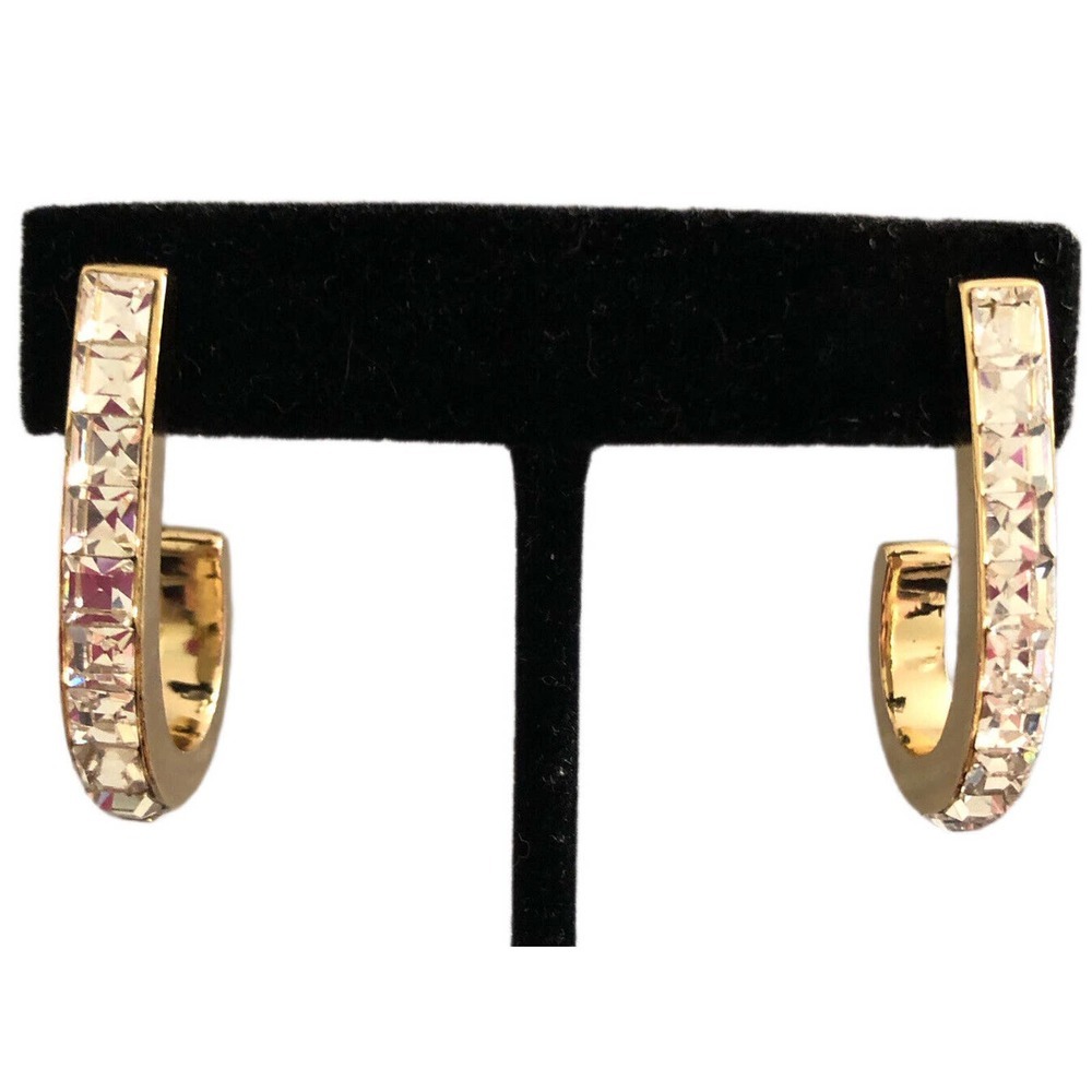 Huggie Hoop Earrings Clear Princess Cut Crystals Gold Tone Pierced Ear